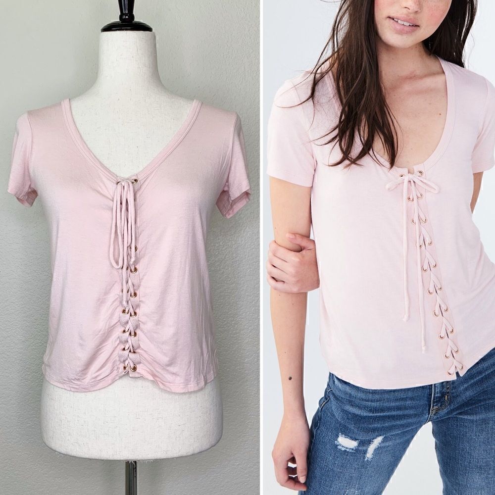 American Eagle Pink Lace Up Short Sleeves Top, Sz Small
